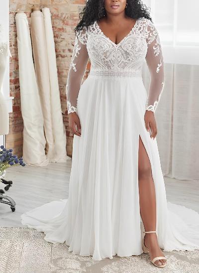 A-Line V-Neck Long Sleeves Sweep Train Wedding Dresses With Appliques Lace