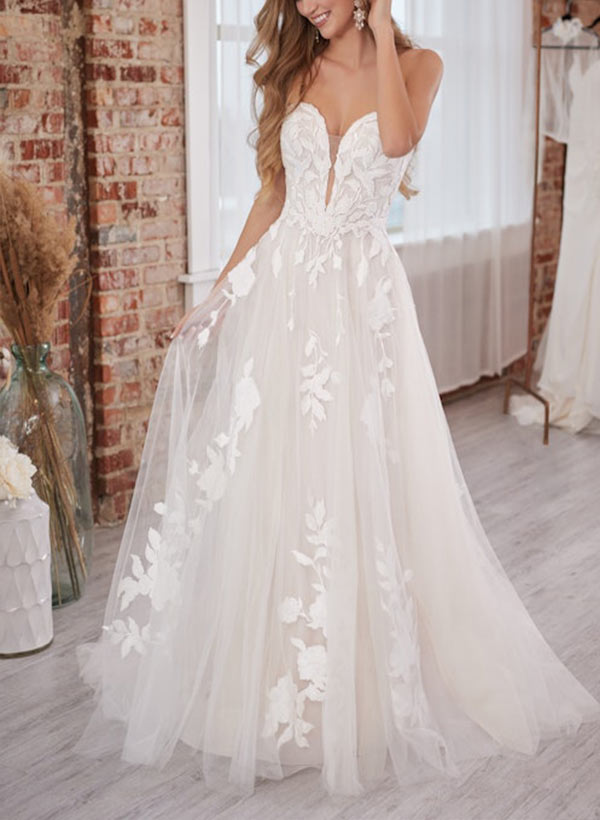 A-Line Sweetheart Sleeveless Sweep Train Lace Wedding Dresses