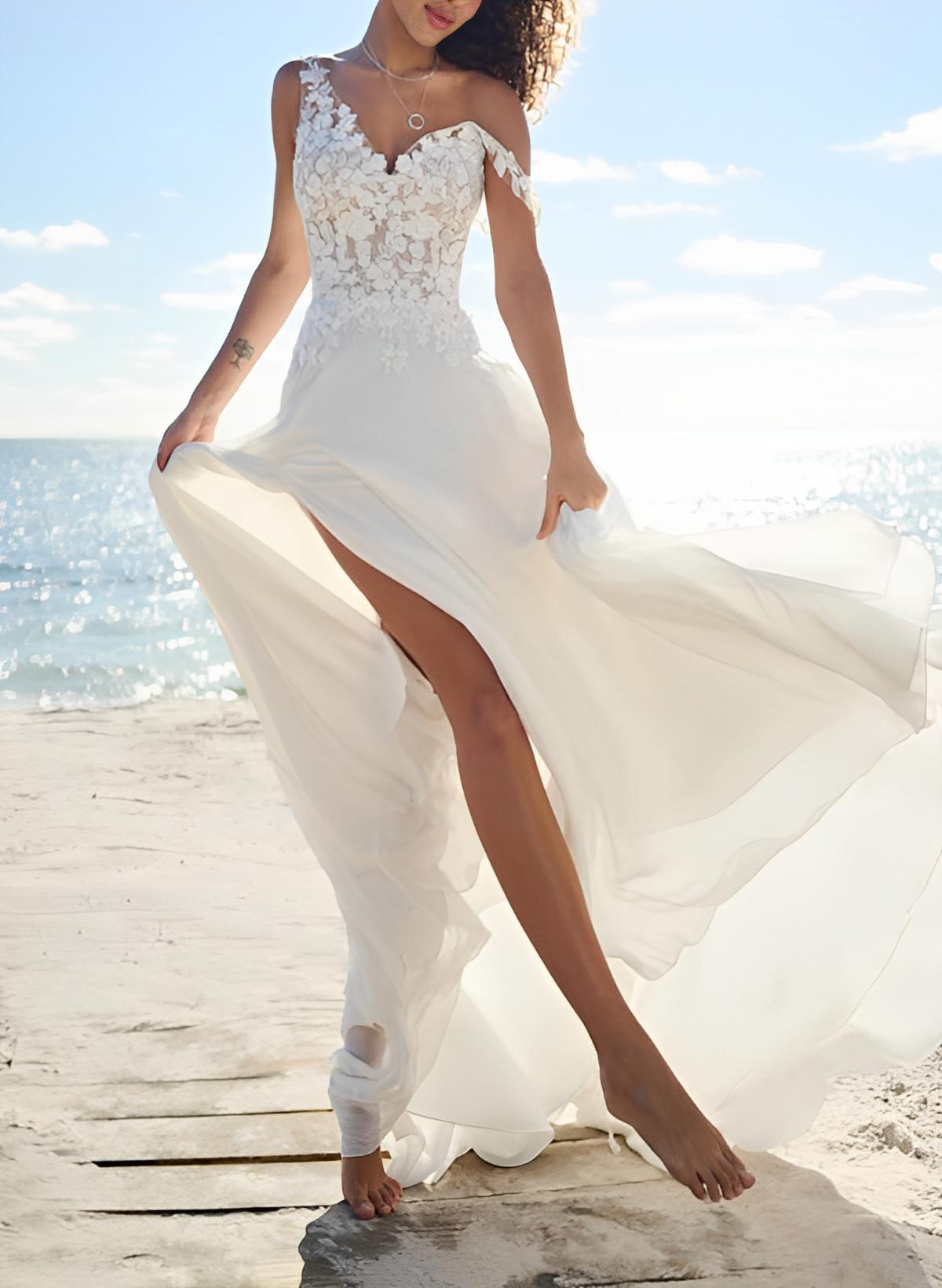 A-Line V-Neck Sleeveless Sweep Train Chiffon/Lace Wedding Dresses