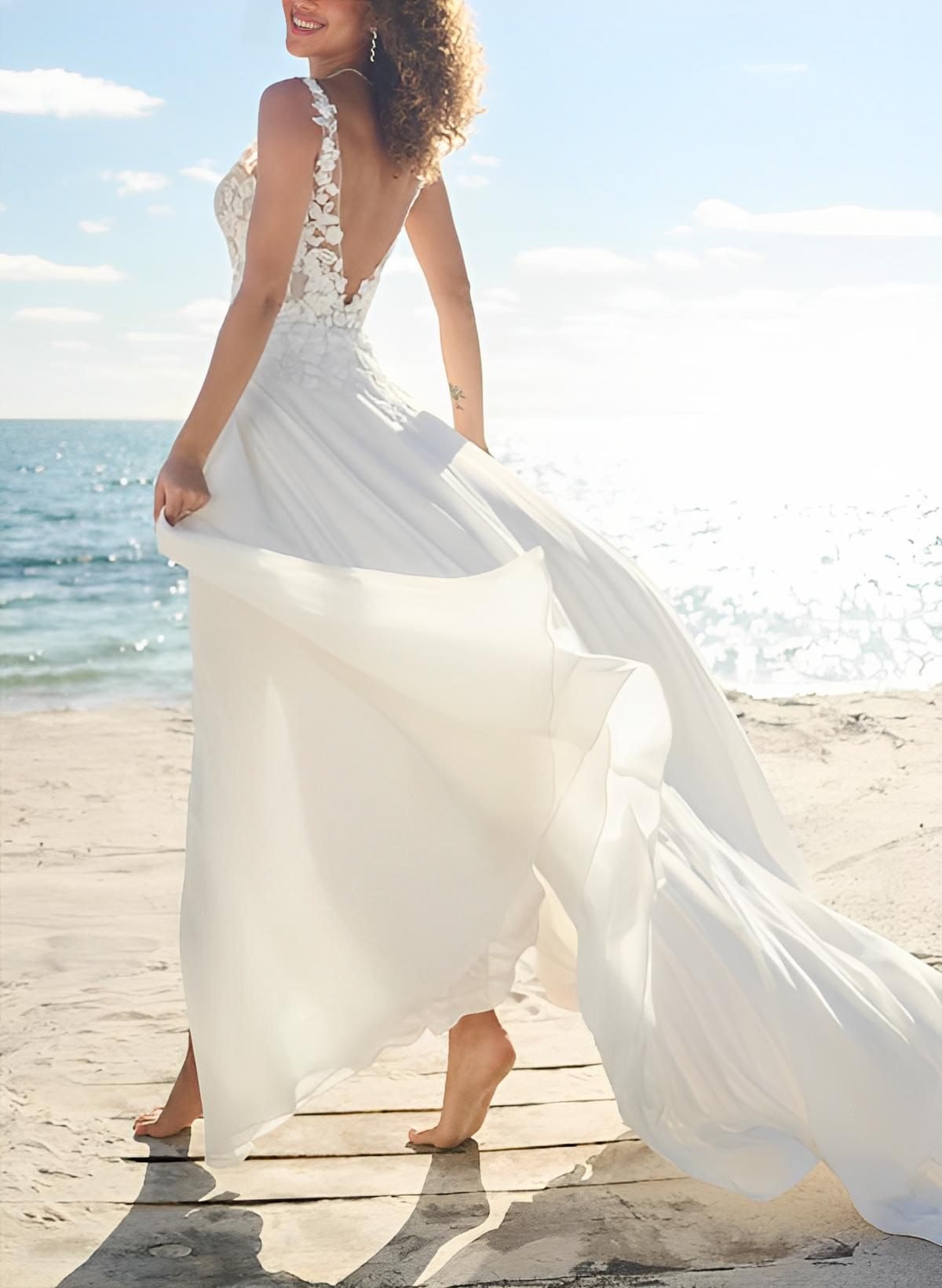 A-Line V-Neck Sleeveless Sweep Train Chiffon/Lace Wedding Dresses