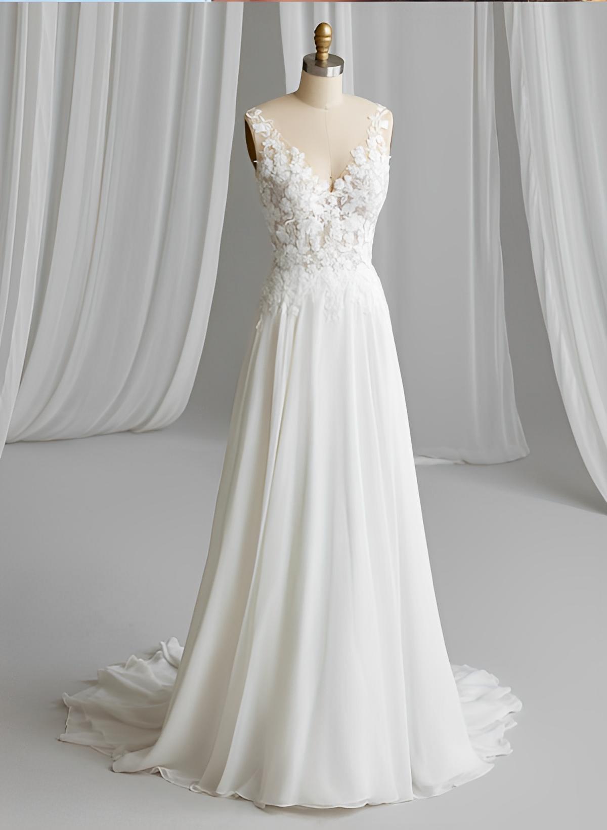 A-Line V-Neck Sleeveless Sweep Train Chiffon/Lace Wedding Dresses