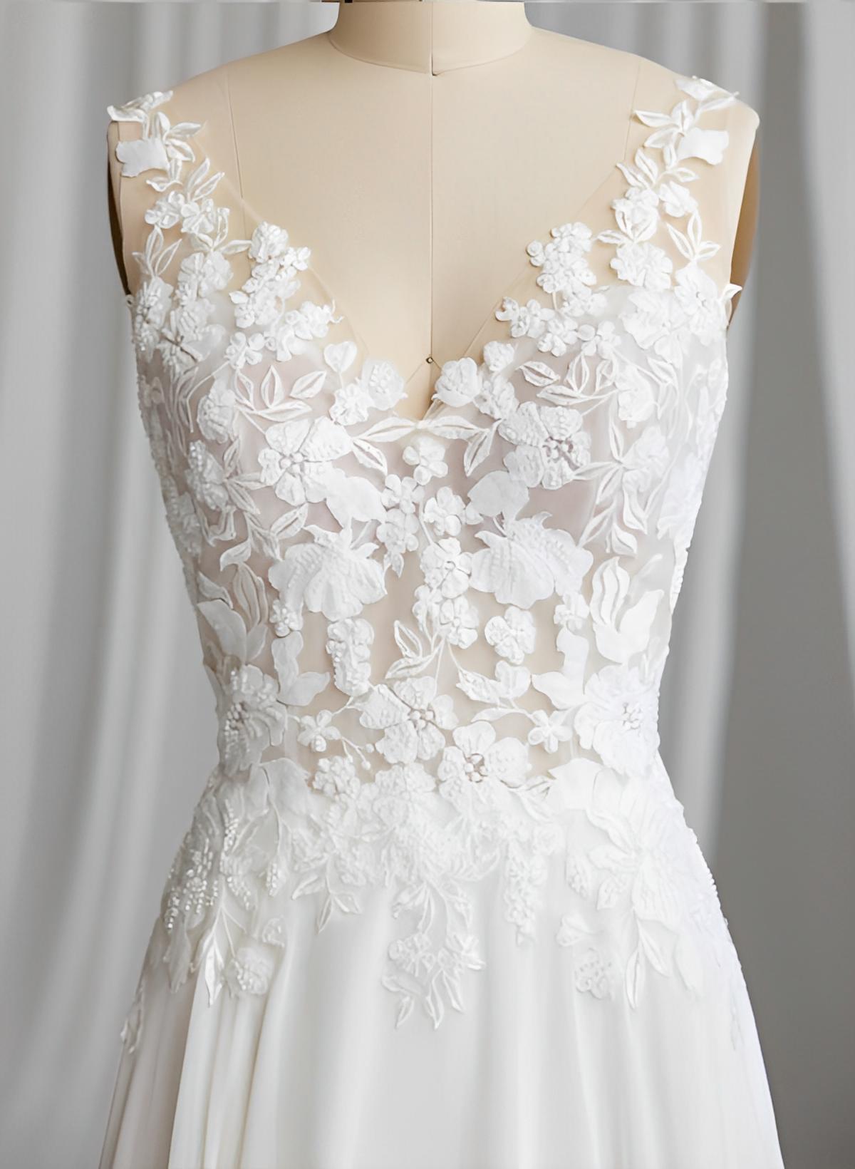 A-Line V-Neck Sleeveless Sweep Train Chiffon/Lace Wedding Dresses