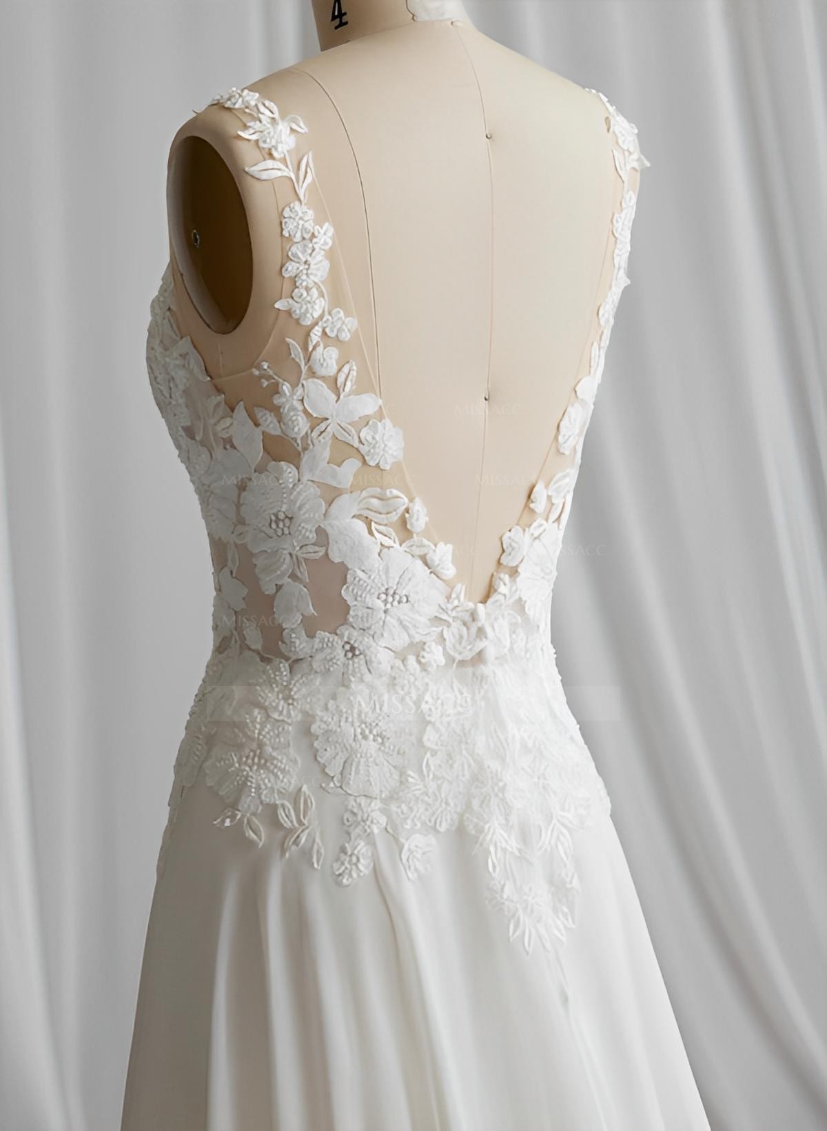 A-Line V-Neck Sleeveless Sweep Train Chiffon/Lace Wedding Dresses