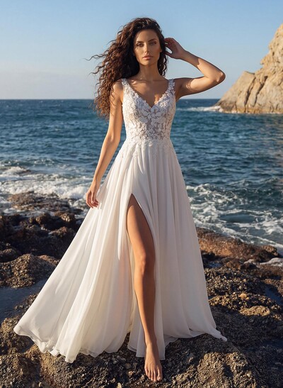 A-Line V-Neck Sleeveless Sweep Train Chiffon/Lace Wedding Dresses