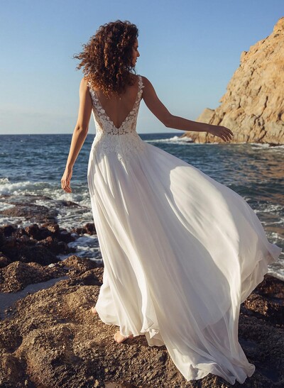 A-Line V-Neck Sleeveless Sweep Train Chiffon/Lace Wedding Dresses