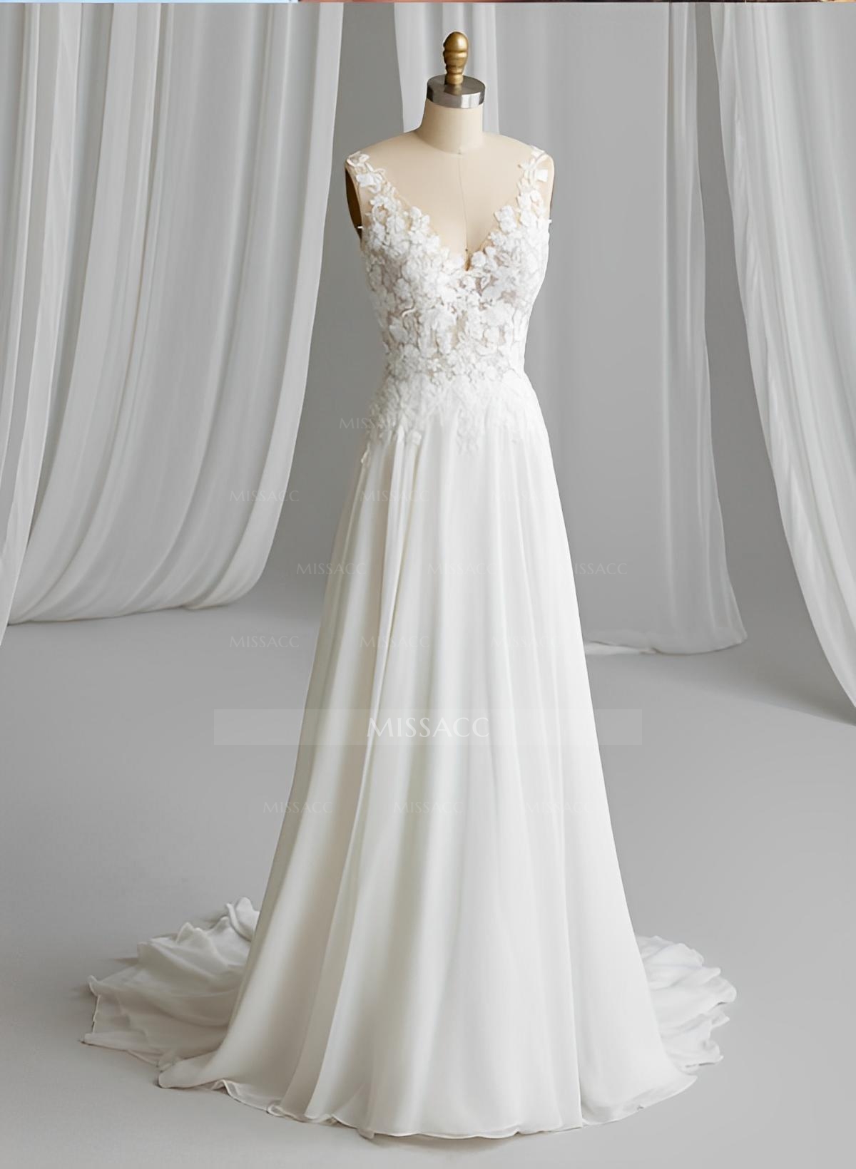 A-Line V-Neck Sleeveless Sweep Train Chiffon/Lace Wedding Dresses