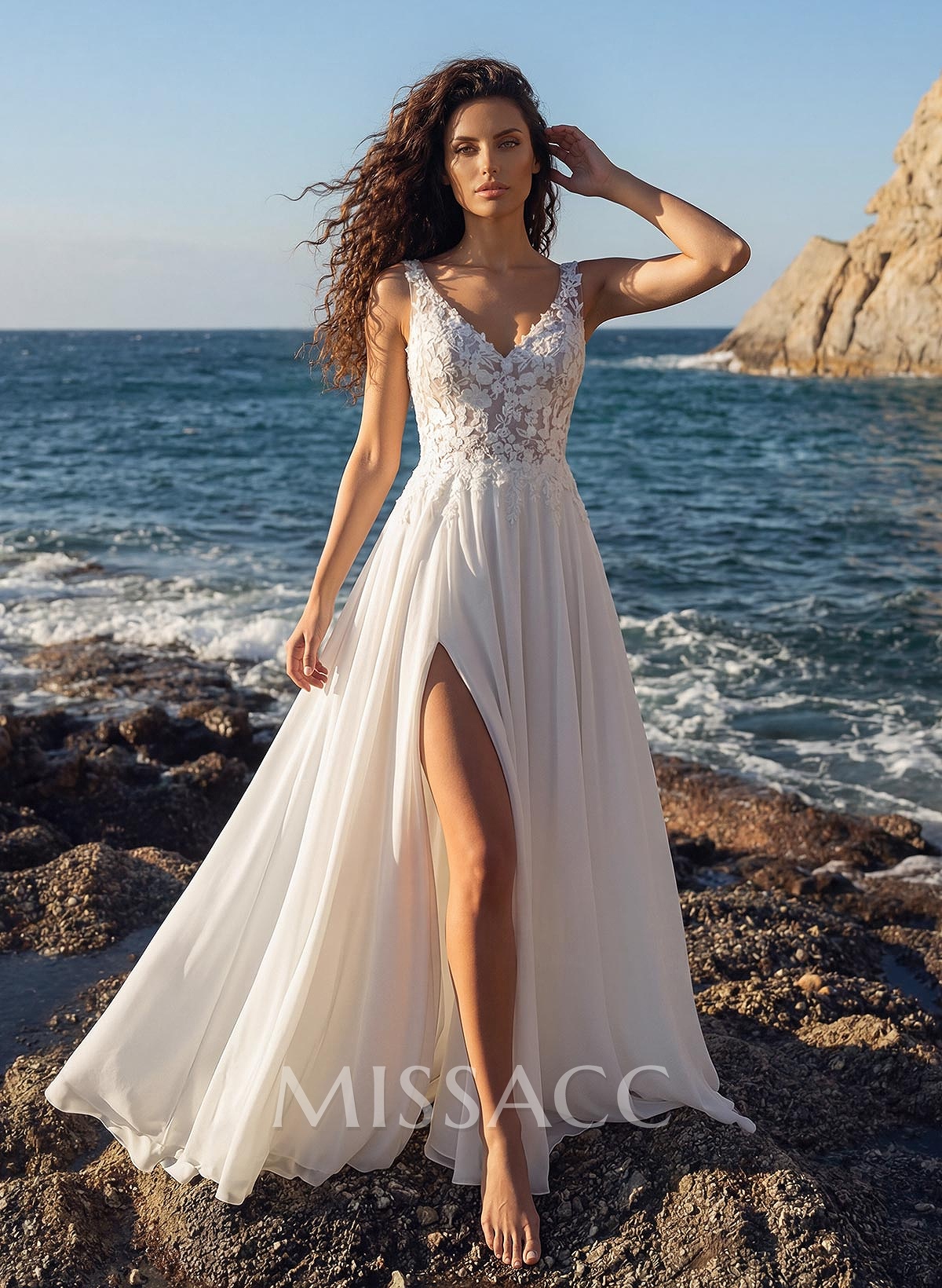 A-Line V-Neck Sleeveless Sweep Train Chiffon/Lace Wedding Dresses