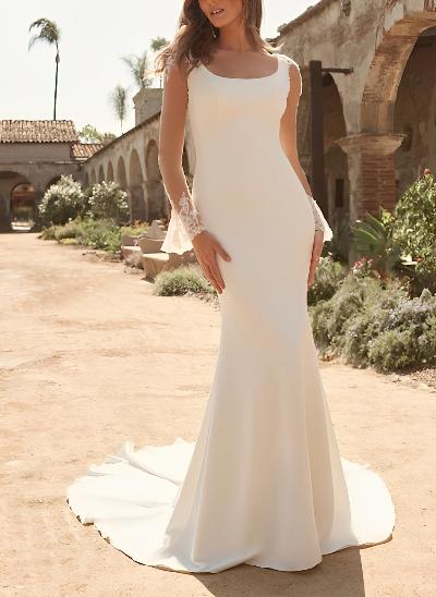 Mermaid Square Neckline Long Sleeves Sweep Train Wedding Dresses With Appliques Lace