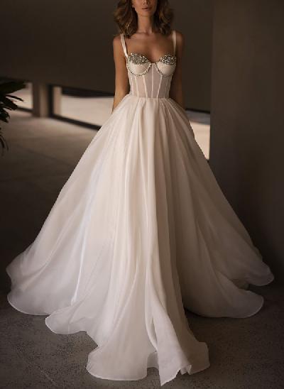 A-Line Sweetheart Sleeveless Organza Wedding Dresses With Rhinestone
