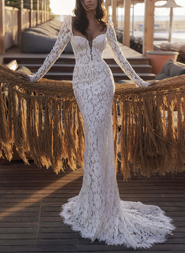Elegant Lace Trumpet/Mermaid Sweetheart Long Sleeves Wedding Dresses With Sweep Train