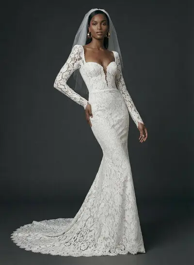 Elegant Lace Trumpet/Mermaid Sweetheart Long Sleeves Wedding Dresses With Sweep Train