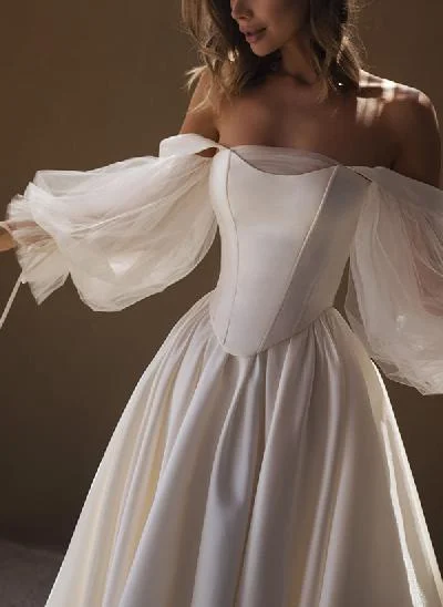 A-Line Off-The-Shoulder Long Sleeves Satin Wedding Dresses With Pleated