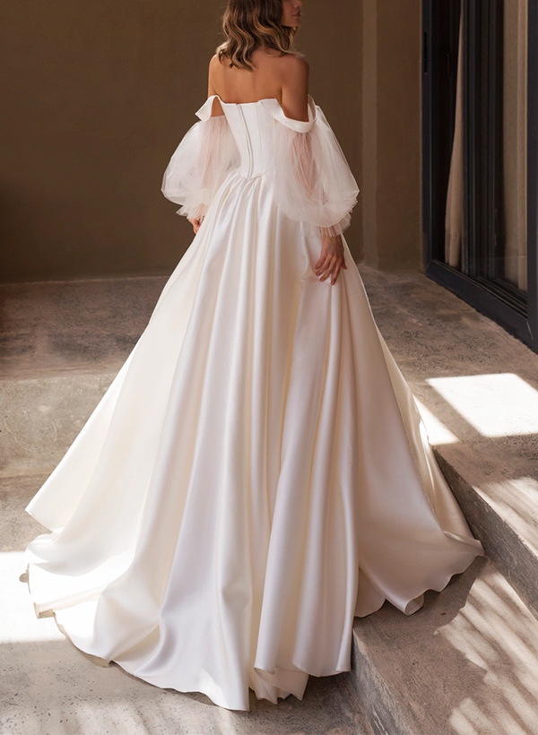 A-Line Off-The-Shoulder Long Sleeves Satin Wedding Dresses With Pleated