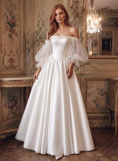 Off-The-Shoulder Long Sleeve Satin Ball Gown Wedding Dress With Pleats