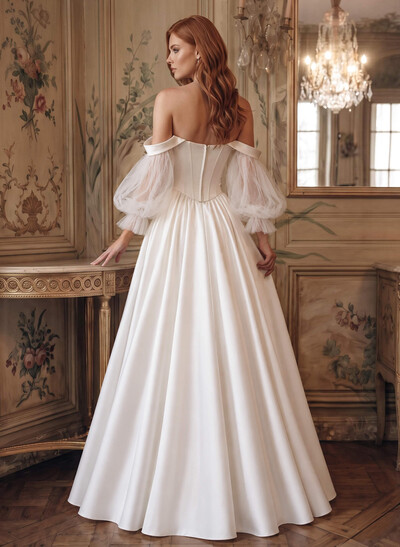 Off-The-Shoulder Long Sleeve Satin Ball Gown Wedding Dress With Pleats