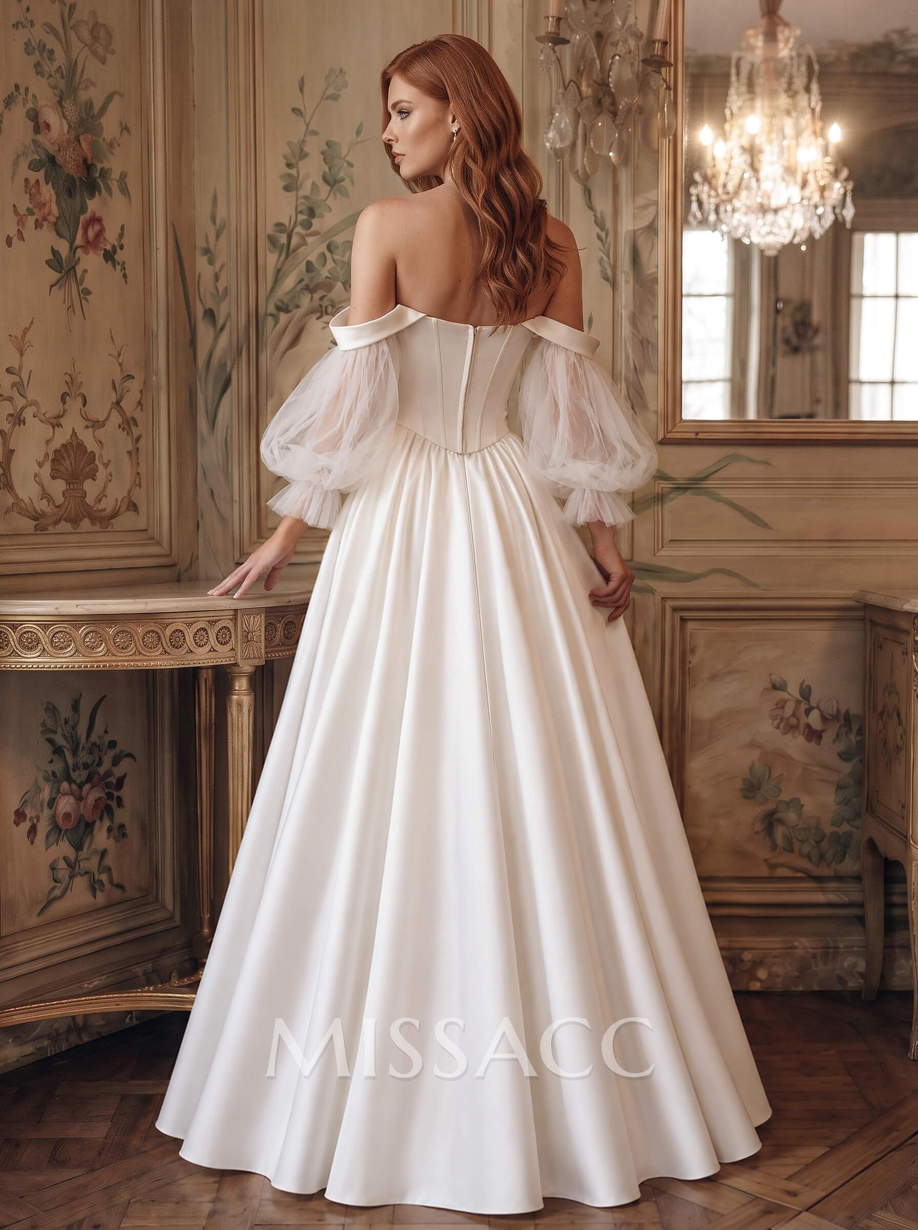 Off-The-Shoulder Long Sleeve Satin Ball Gown Wedding Dress With Pleats Off-The-Shoulder Long Sleeve Satin Ball Gown Wedding Dress With Pleats