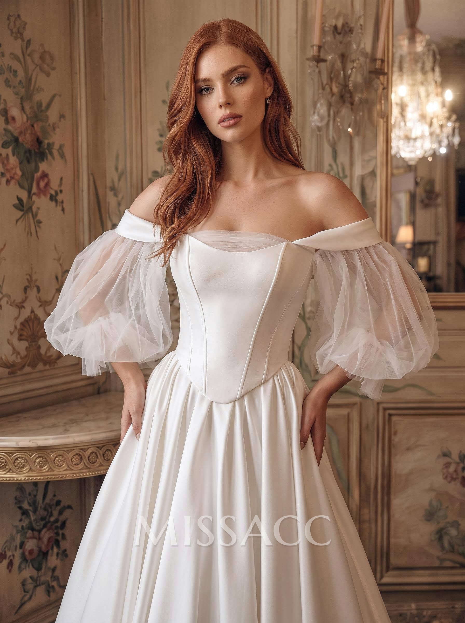 Off-The-Shoulder Long Sleeve Satin Ball Gown Wedding Dress With Pleats Off-The-Shoulder Long Sleeve Satin Ball Gown Wedding Dress With Pleats