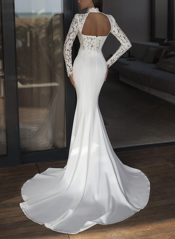 Elegant Lace Mermaid High Neck Long Sleeves Wedding Dresses With Sweep Train