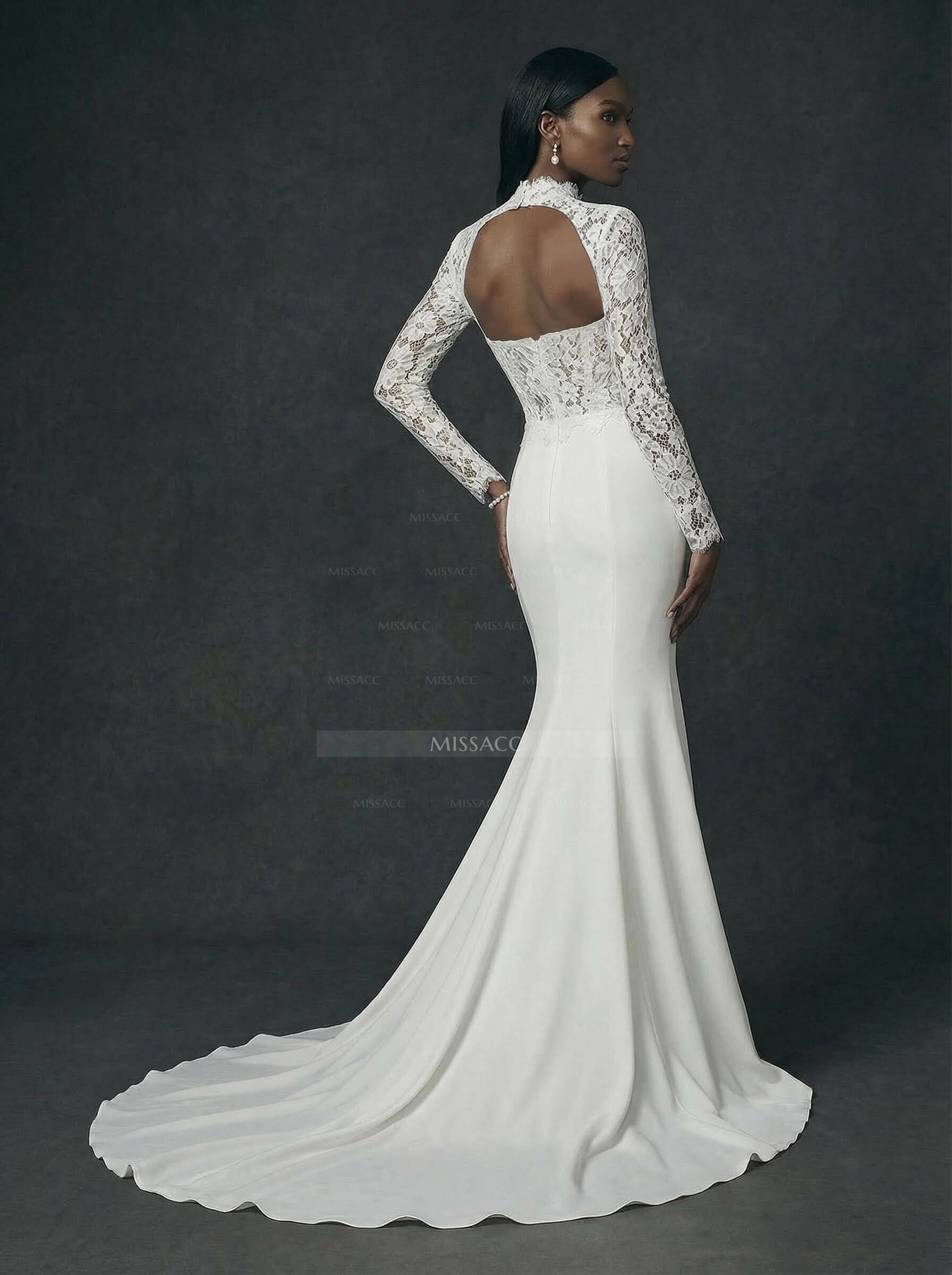 Elegant Lace Mermaid High Neck Long Sleeves Wedding Dresses With Sweep Train