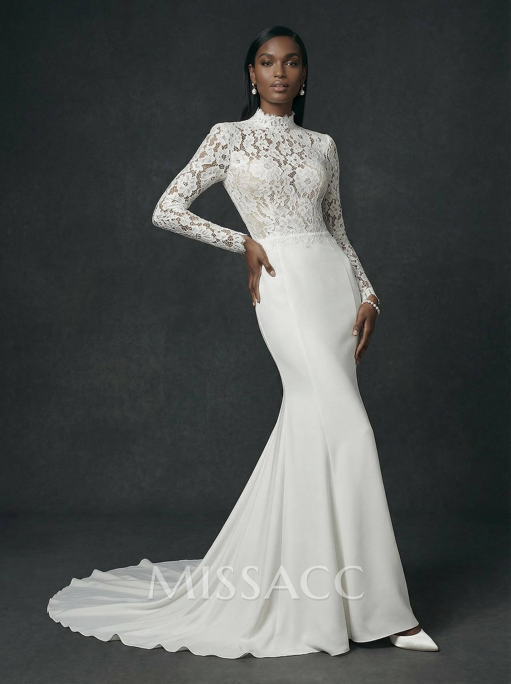 Elegant Lace Mermaid High Neck Long Sleeves Wedding Dresses With Sweep Train Elegant Lace Mermaid High Neck Long Sleeves Wedding Dresses With Sweep Train