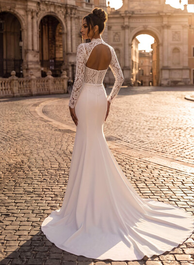 Elegant Lace Mermaid High Neck Long Sleeves Wedding Dresses With Sweep Train