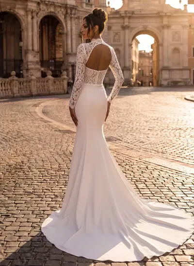 Elegant Lace Mermaid High Neck Long Sleeves Wedding Dresses With Sweep Train