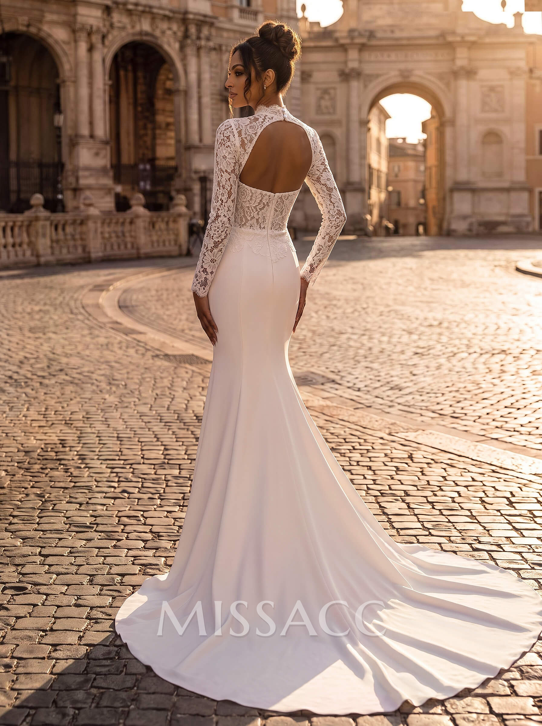 Elegant Lace Mermaid High Neck Long Sleeves Wedding Dresses With Sweep Train Elegant Lace Mermaid High Neck Long Sleeves Wedding Dresses With Sweep Train