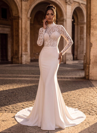 Elegant Lace Mermaid High Neck Long Sleeves Wedding Dresses With Sweep Train
