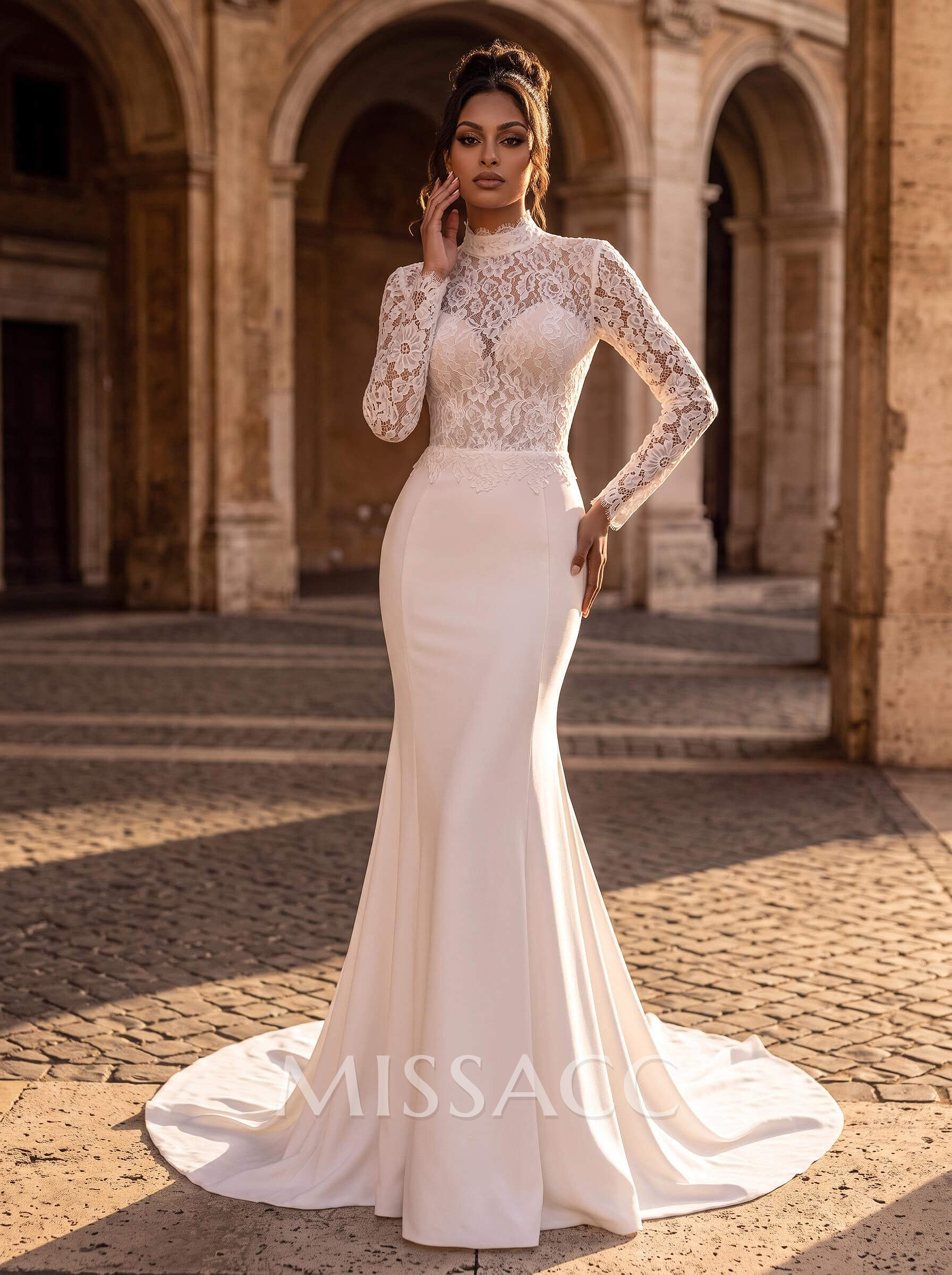 Elegant Lace Mermaid High Neck Long Sleeves Wedding Dresses With Sweep Train Elegant Lace Mermaid High Neck Long Sleeves Wedding Dresses With Sweep Train