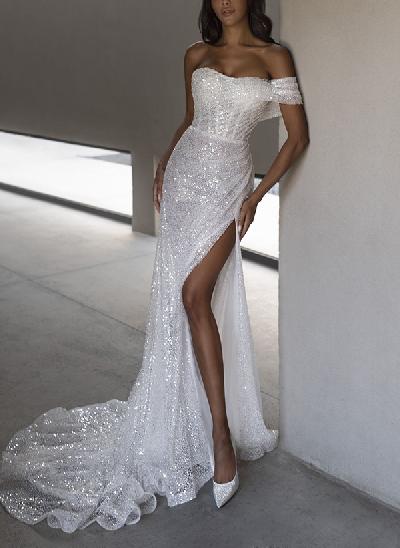 Trumpet/Mermaid Off-The-Shoulder Sequined Wedding Dresses With Split Front