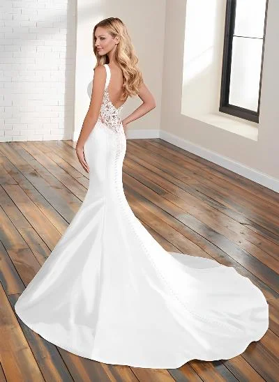 Mermaid Square Neckline Sleeveless Court Train Elastic Satin Wedding Dresses With Lace