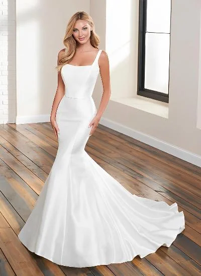Mermaid Square Neckline Sleeveless Court Train Elastic Satin Wedding Dresses With Lace