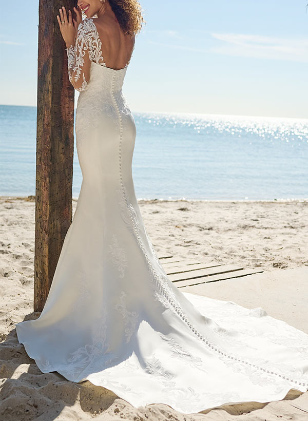 Mermaid Sweetheart Long Sleeves Court Train Lace/Elastic Satin Wedding Dresses