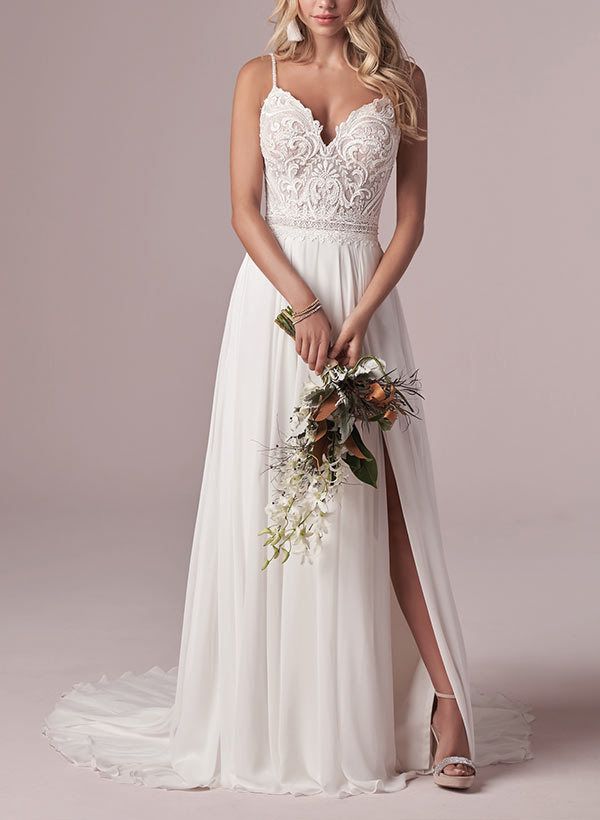 A-Line V-Neck Sleeveless Sweep Train Wedding Dresses With Split Front