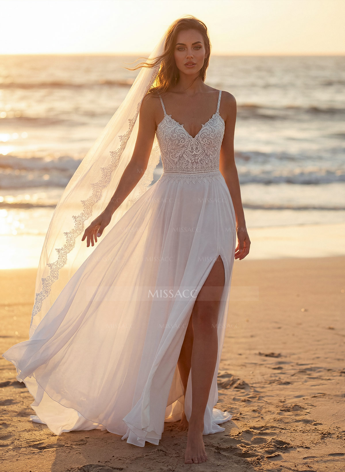 A-Line V-Neck Sleeveless Sweep Train Wedding Dresses With Split Front