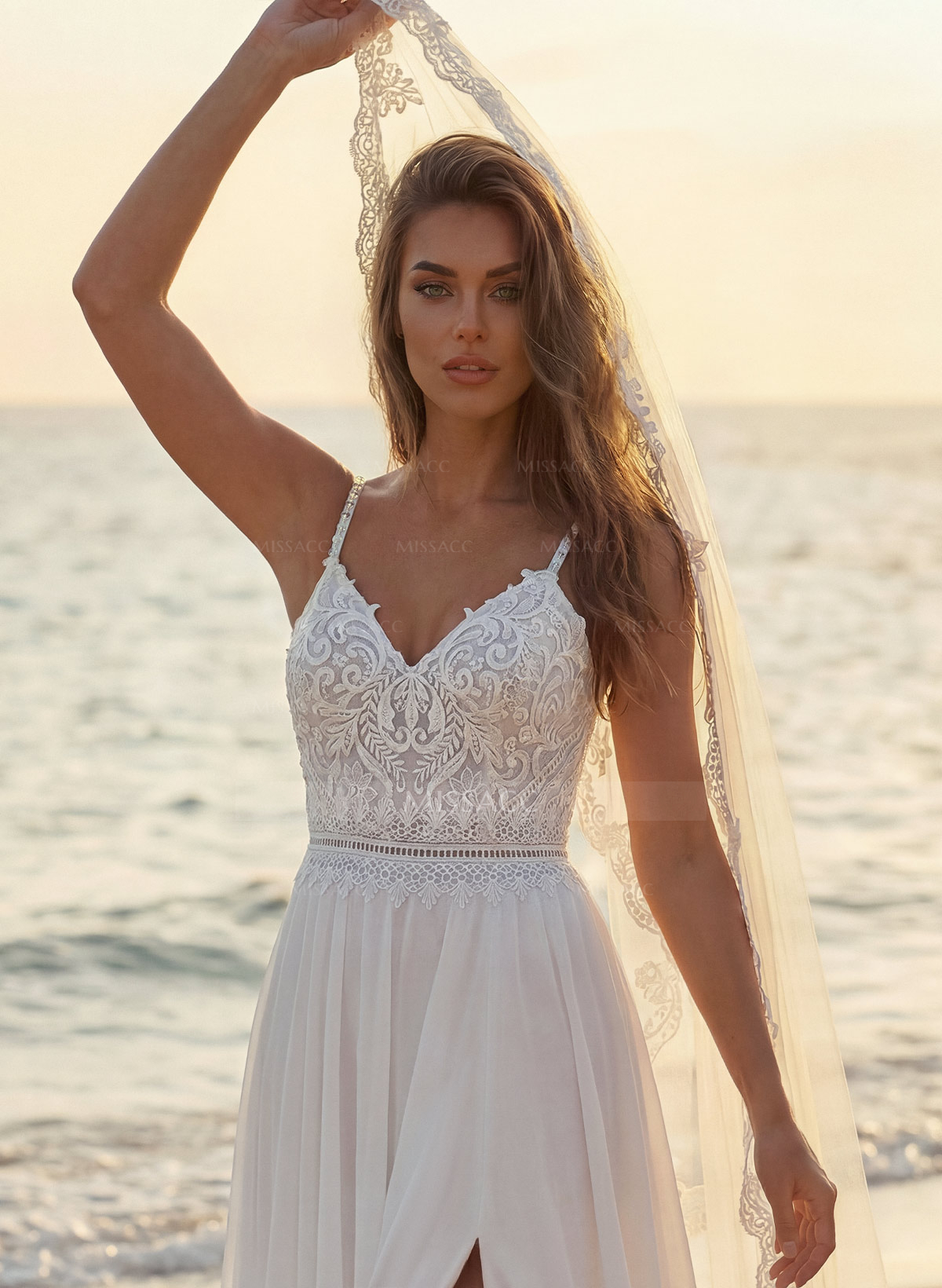 A-Line V-Neck Sleeveless Sweep Train Wedding Dresses With Split Front
