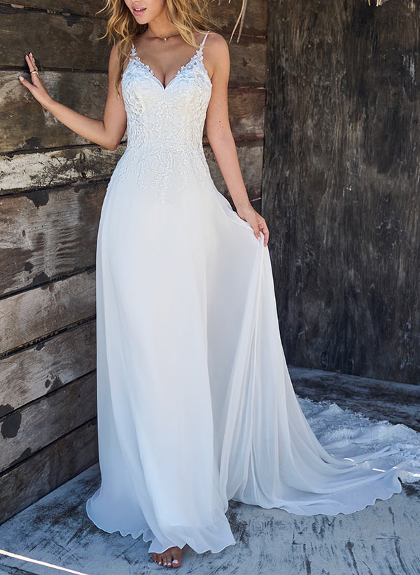 Mermaid V-Neck Sleeveless Sweep Train Wedding Dresses With Appliques Lace