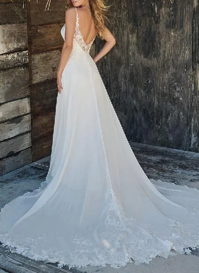 Mermaid V-Neck Sleeveless Sweep Train Wedding Dresses With Appliques Lace