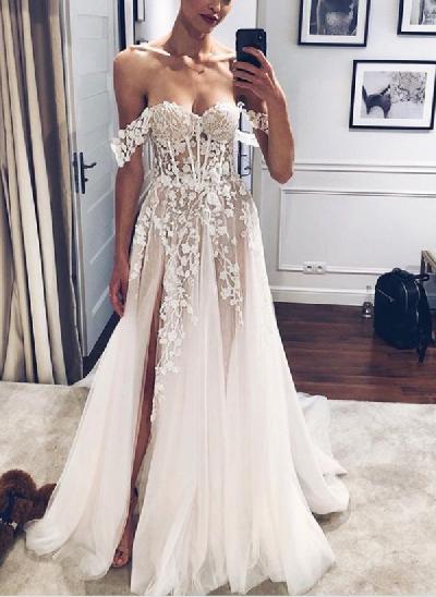 Boho A-Line Off-The-Shoulder Lace/Tulle Wedding Dresses With Split Front