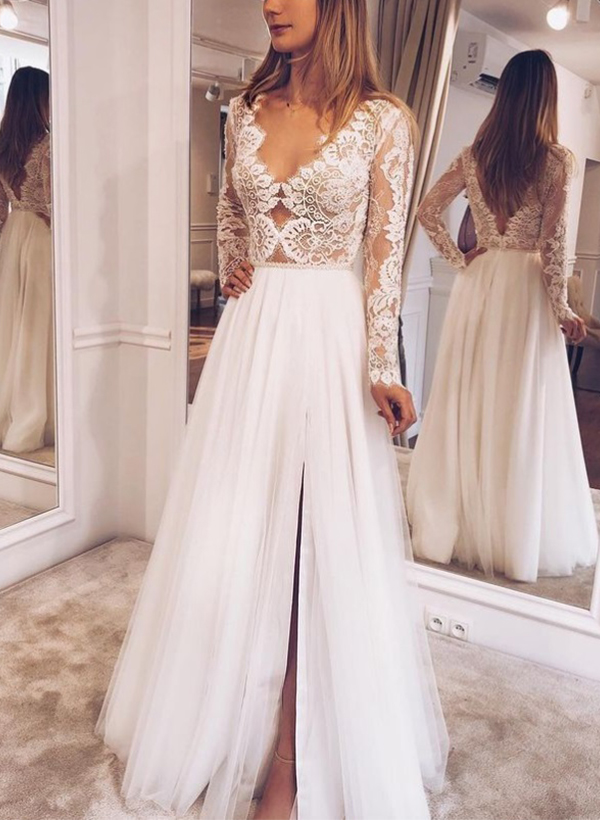 Boho Lace A-Line V-Neck Long Sleeves Wedding Dresses With Split Front