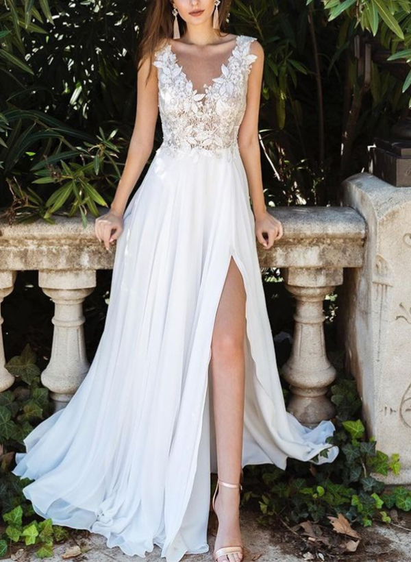 A-Line V-Neck Elegant Lace/Tulle Wedding Dresses With Split Front