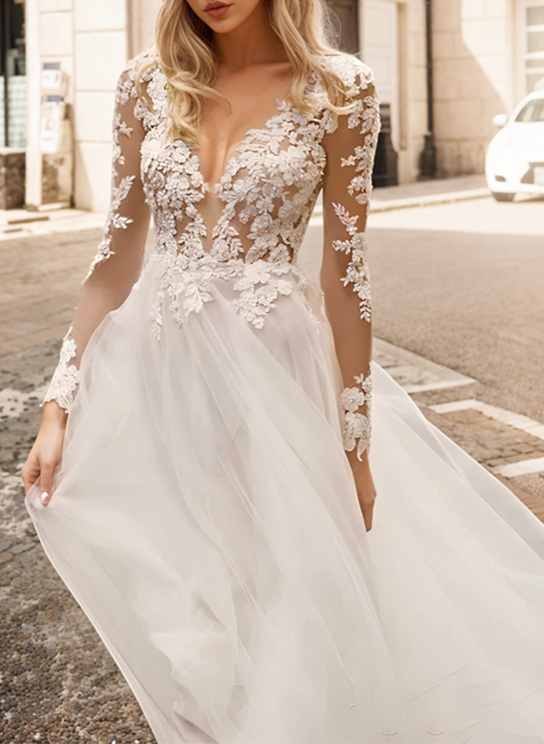 A-Line V-Neck Long Sleeves Lace/Tulle Wedding Dresses With Split Front