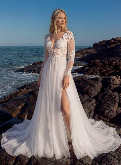 A-Line V-Neck Long Sleeves Lace/Tulle Wedding Dresses With Split Front