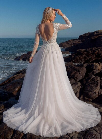 A-Line V-Neck Long Sleeves Lace/Tulle Wedding Dresses With Split Front