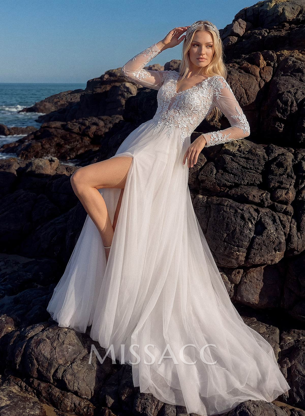 A-Line V-Neck Long Sleeves Lace/Tulle Wedding Dresses With Split Front A-Line V-Neck Long Sleeves Lace/Tulle Wedding Dresses With Split Front