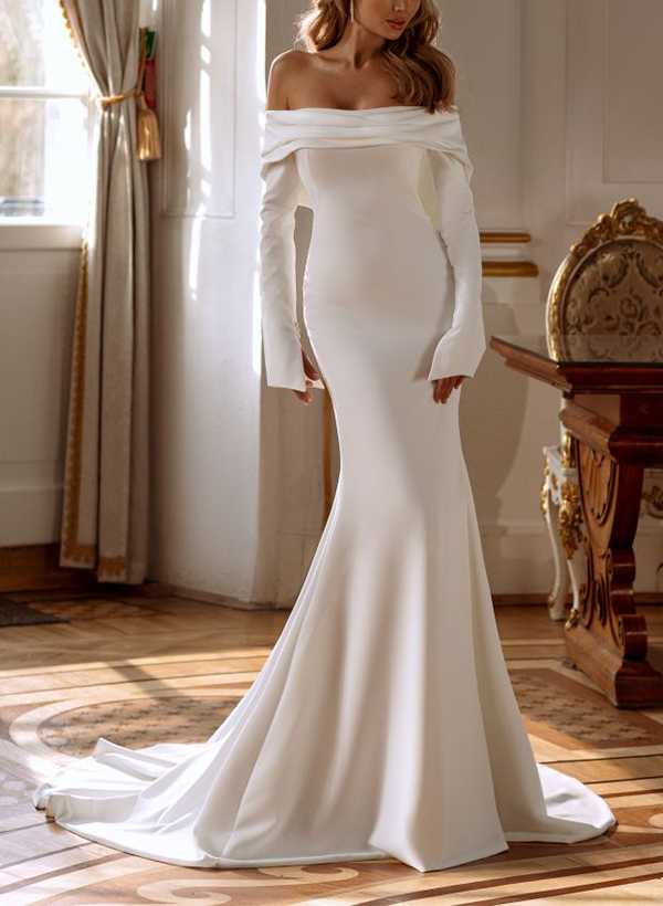 Trumpet/Mermaid Off-The-Shoulder Long Sleeves Elastic Satin Wedding Dresses