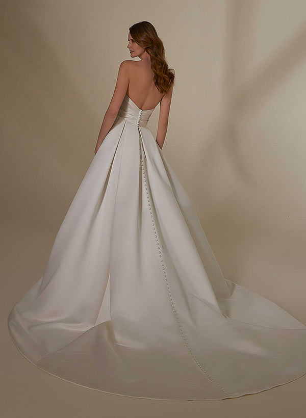 A-Line Strapless Sleeveless Sweep Train Satin Wedding Dresses With Split Front