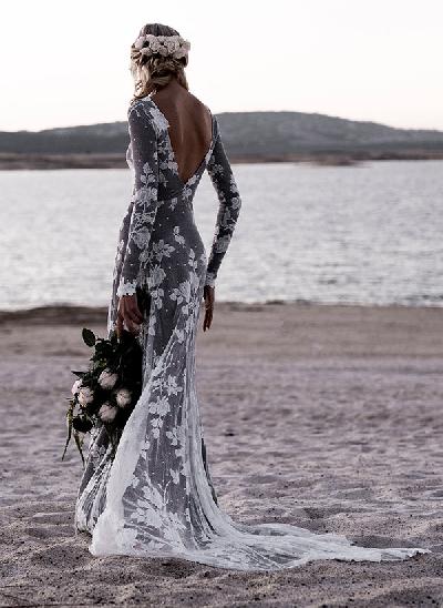Mermaid Scoop Neck Long Sleeves Court Train Lace Wedding Dresses
