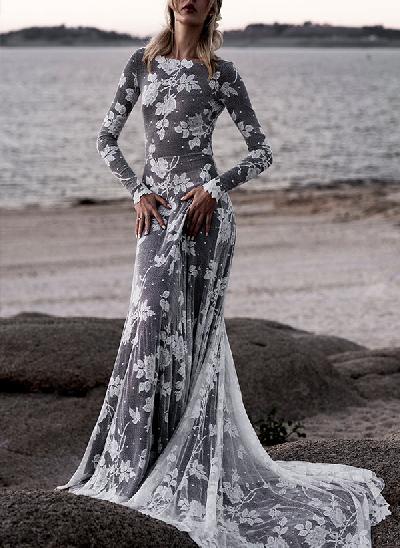 Mermaid Scoop Neck Long Sleeves Court Train Lace Wedding Dresses