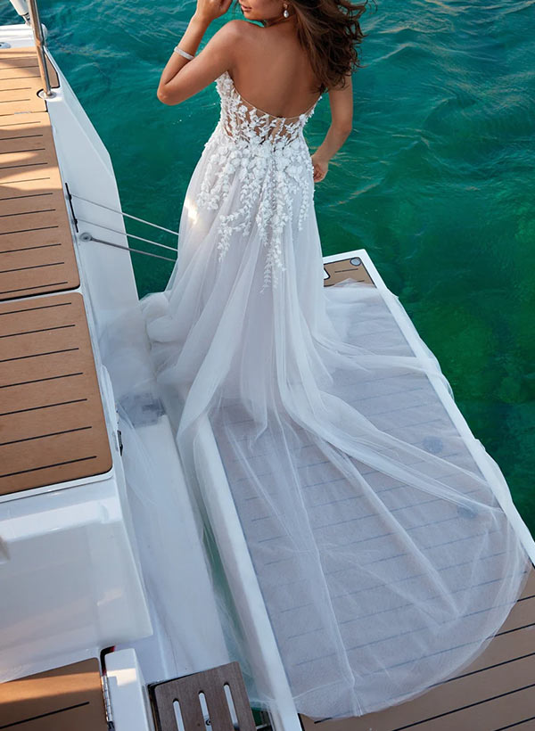 A-Line Sweetheart Sleeveless Sweep Train Tulle Wedding Dresses With Appliques Lace